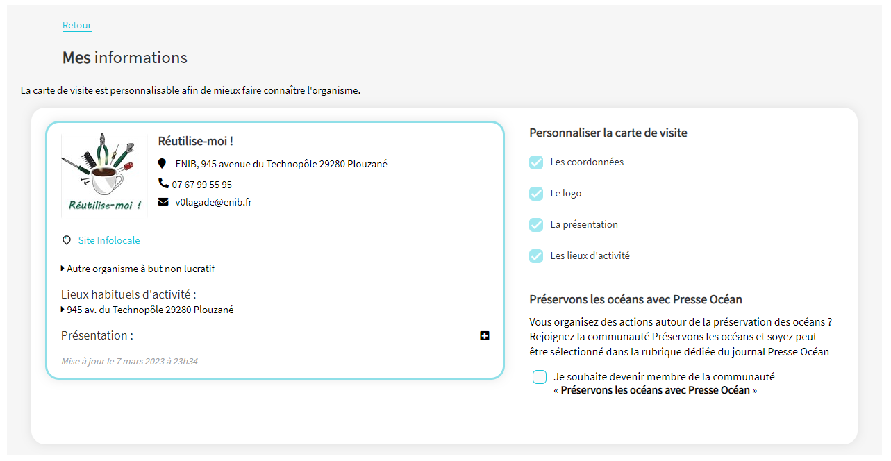 Carte de visite de l’organisme « Réutilise-moi ! » sur Infolocale